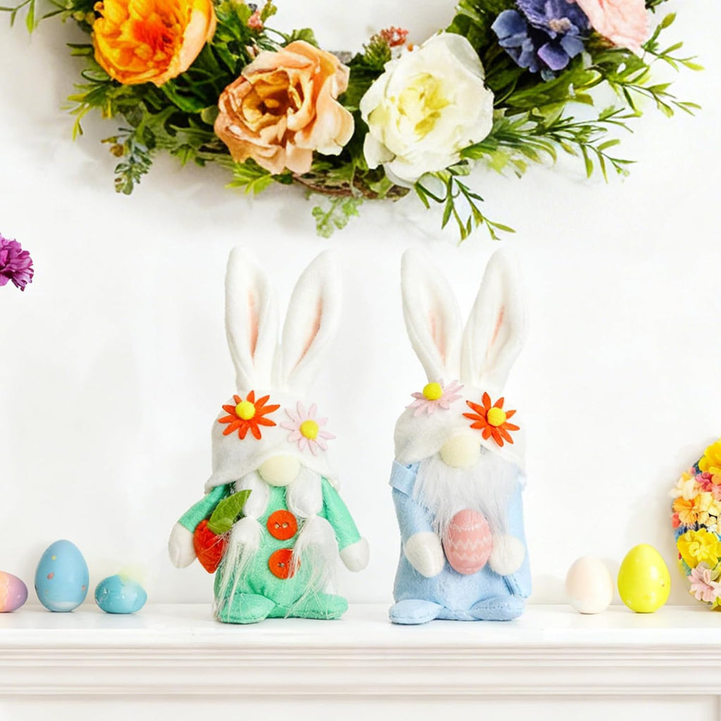 WDS Wondrous Easter Decorations - 2-Pc Soft Bunny Gnome Dolls with Carrot & Egg | Cute Spring Decor for Home