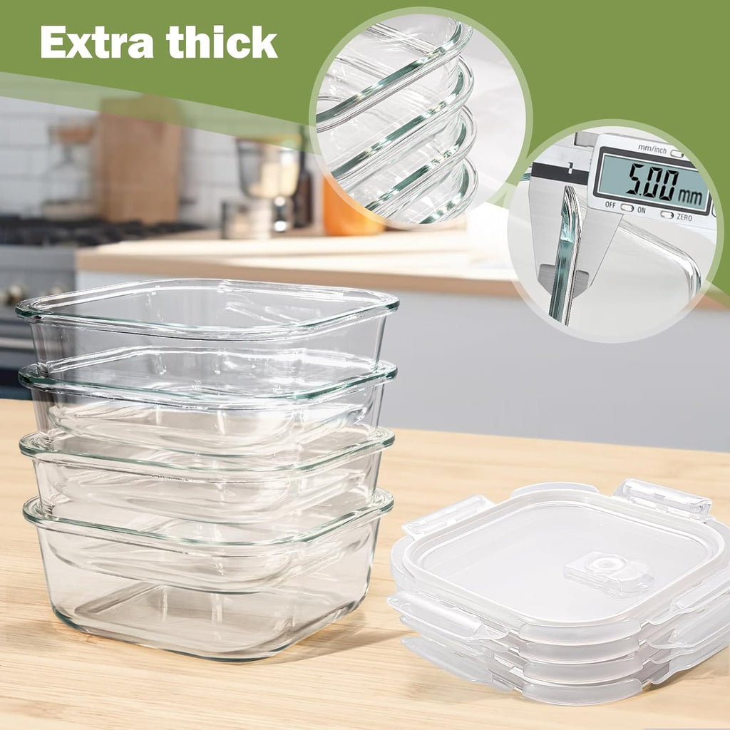 Skiennix Square Glass Containers - 24oz Borosilicate Food Storage Set | Freezer Safe, BPA Free, 4 Pack