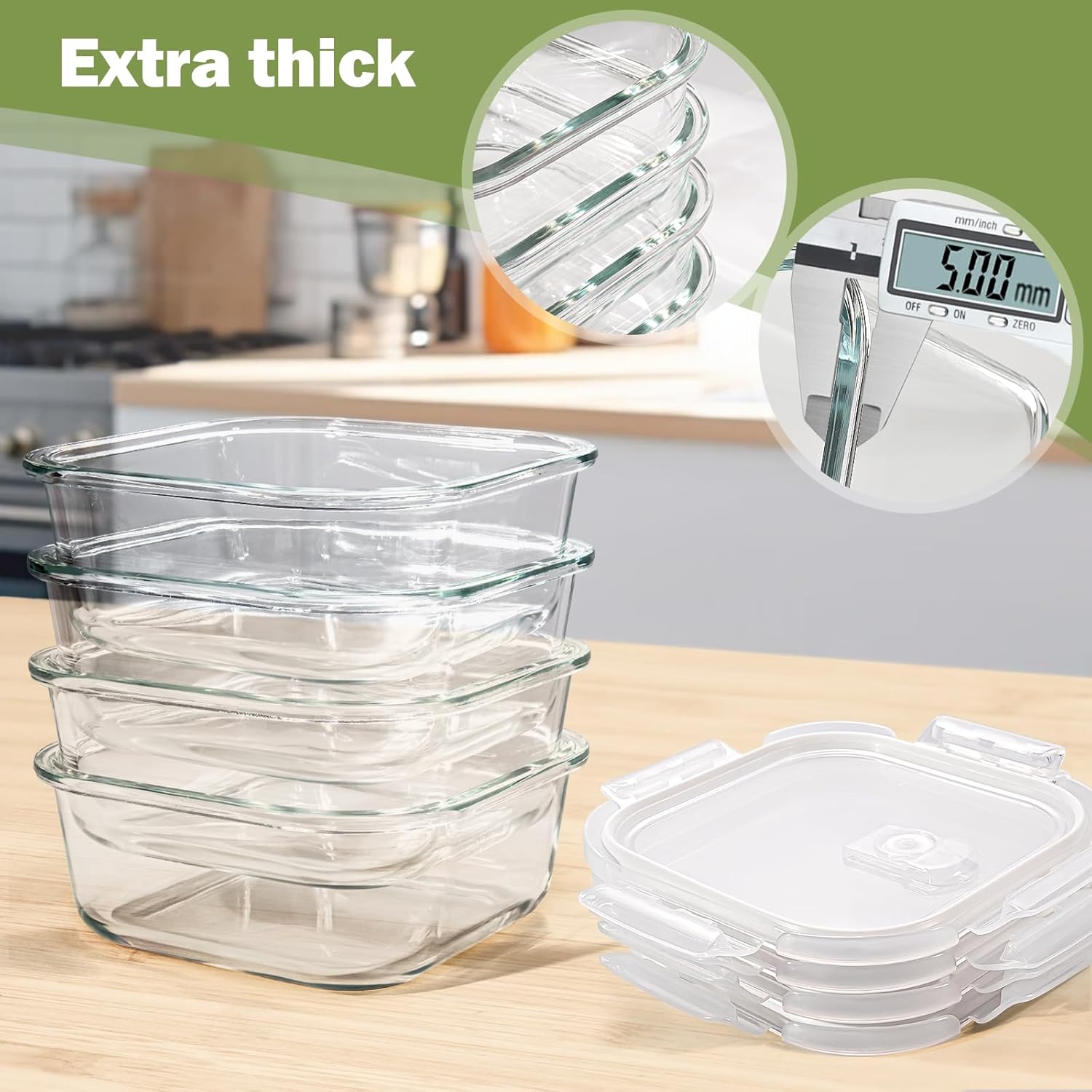 Skiennix Square Glass Containers - 24oz Borosilicate Food Storage Set | Freezer Safe, BPA Free, 4 Pack