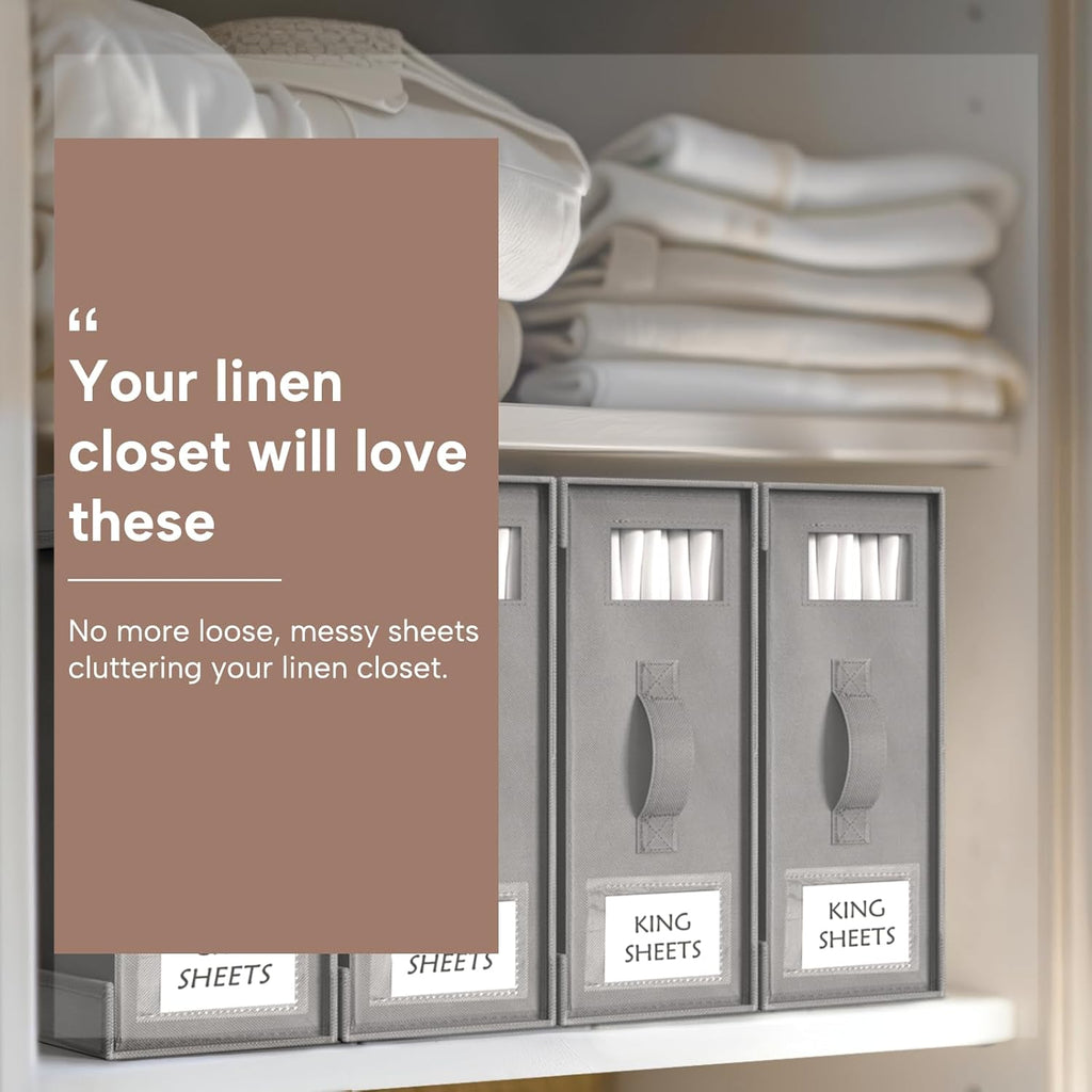 Criusia Bed Sheet Organizers - 6 Pack Foldable Linen Storage Box for King/Queen Bedding Sets | Grey