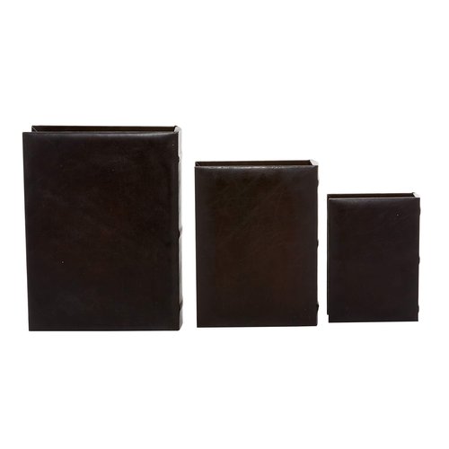 Deco 79 Wooden Decorative Box Faux Storage Book Book Shaped Boxes with Faux Leather Detailing, Set of 3 Decorative Keepsake Boxes 14", 11", 9"H, Brown