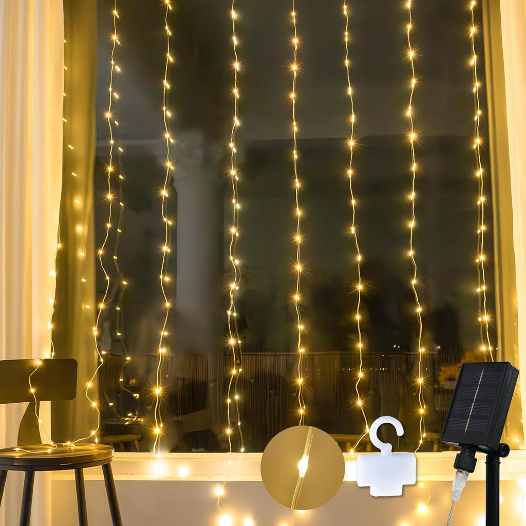 Suddus Solar Curtain Lights - 200 LED Tangle-Free Waterproof Hanging Lights for Christmas & Events | Warm White