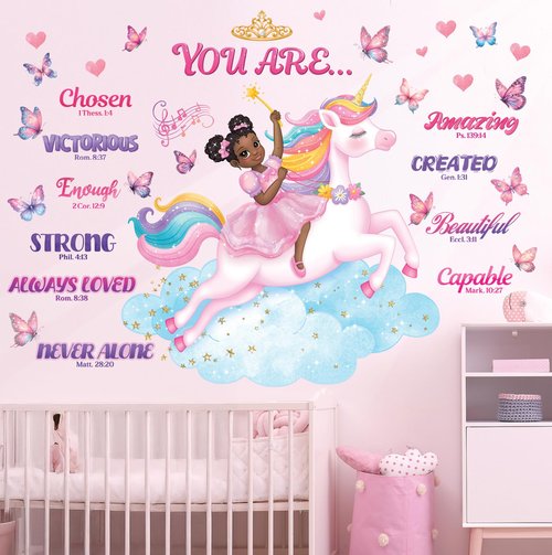 DECOWALL SG2-2503 Black Girl Unicorn Bible Verse Wall Decals Stickers Pink Décor Bedroom Room Art Toddler Decorations Peel and Stick Princess Nursery Butterfly Kids Baby Home Quotes Inspirational