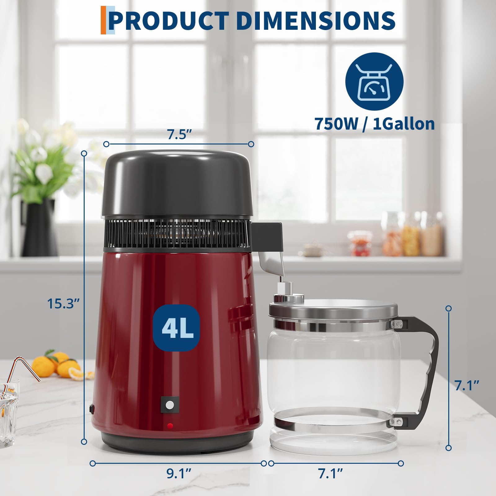 GarveeHome Water Distillers for Home Countertop, 1 gal/4 L Stainless Steel Distilled Water Machine with Glass Container, 750W Desktop Drinking Purifier Filter Distilling Kit, Red