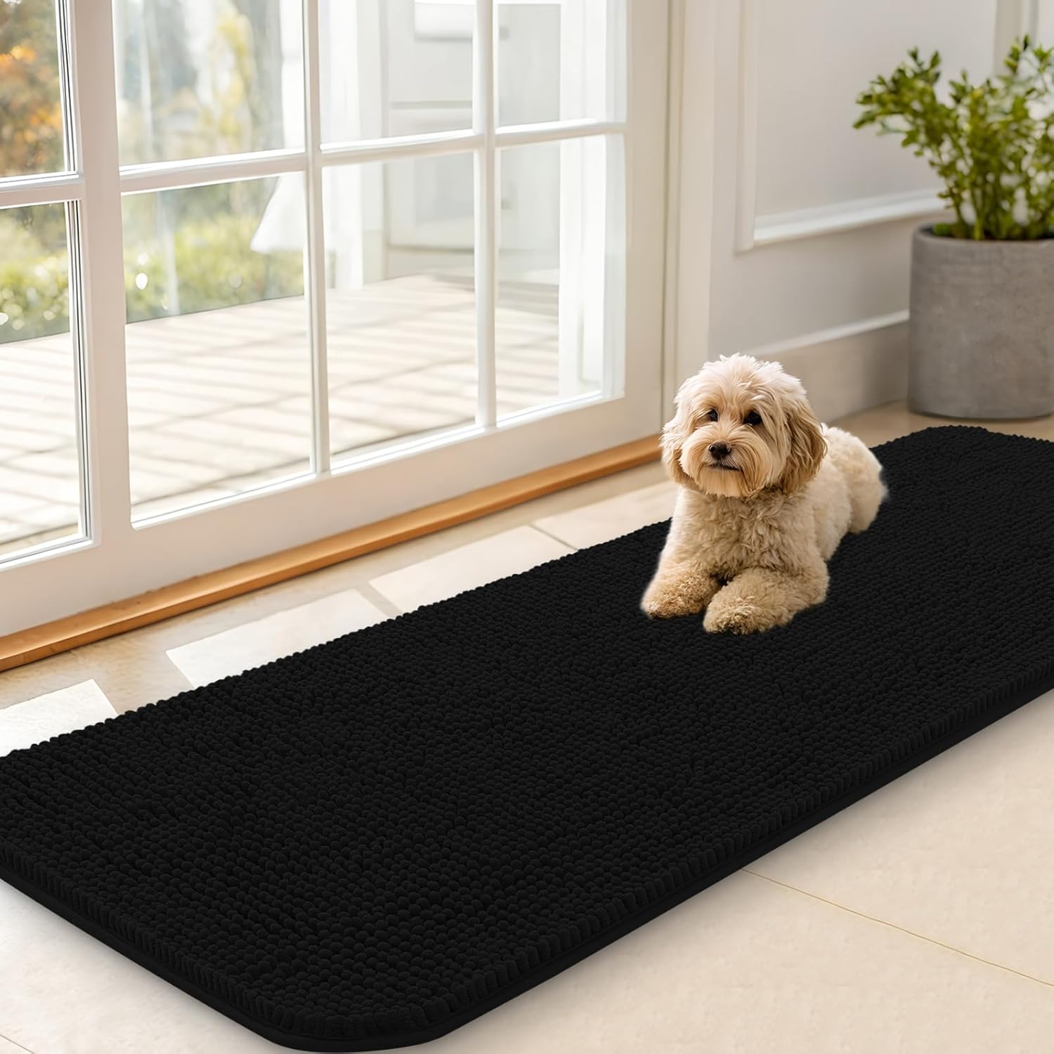 OLANLY Dog Door Mat - Absorbent Non-Slip Chenille Mat for Muddy Paws | 59x20 Inches, Black