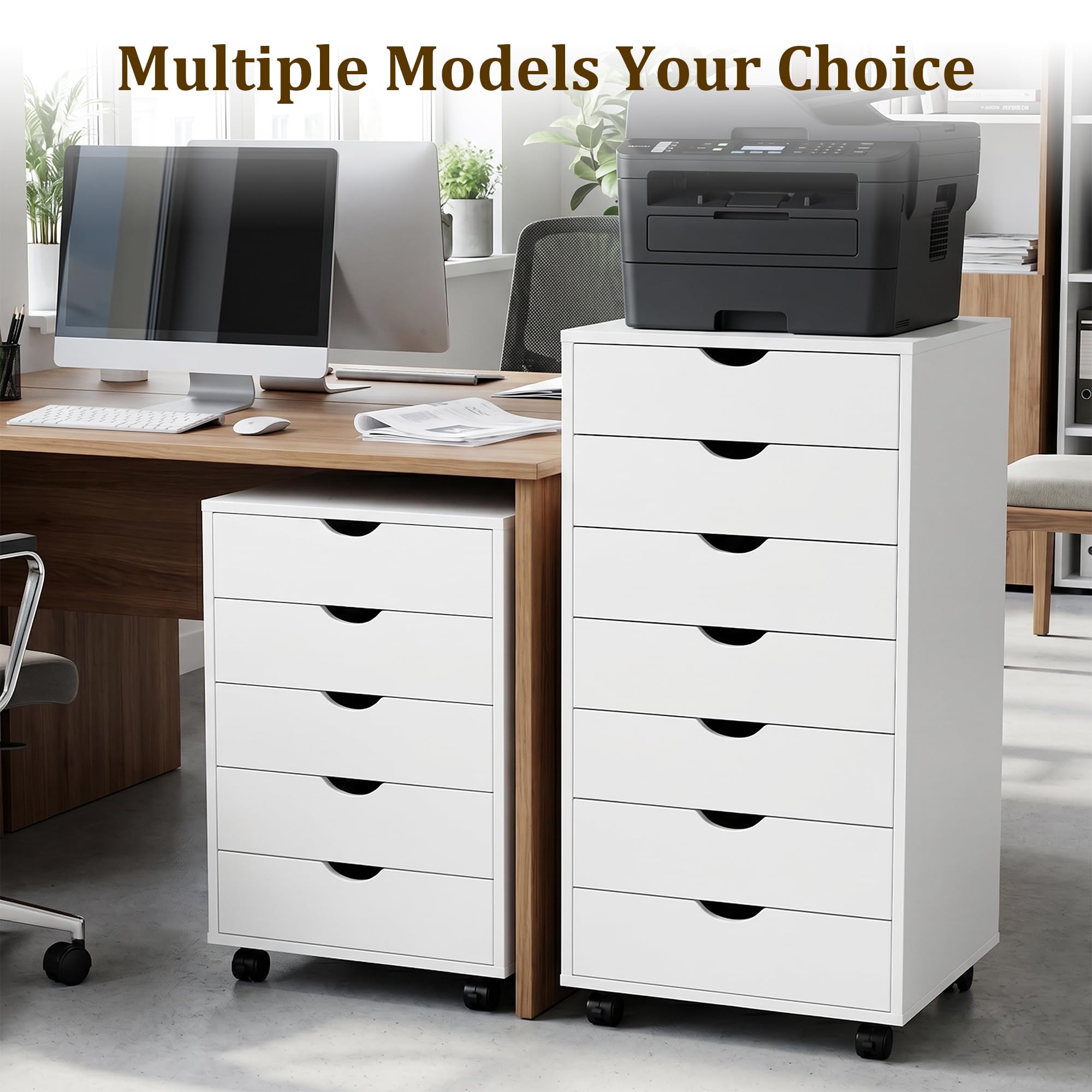 5 Drawer Mobile File Cabinet Under Desk Storage Organization with Wheels Vertical Filing Chest Rolling Wood Small Desk Printer Stand for Home Office, White