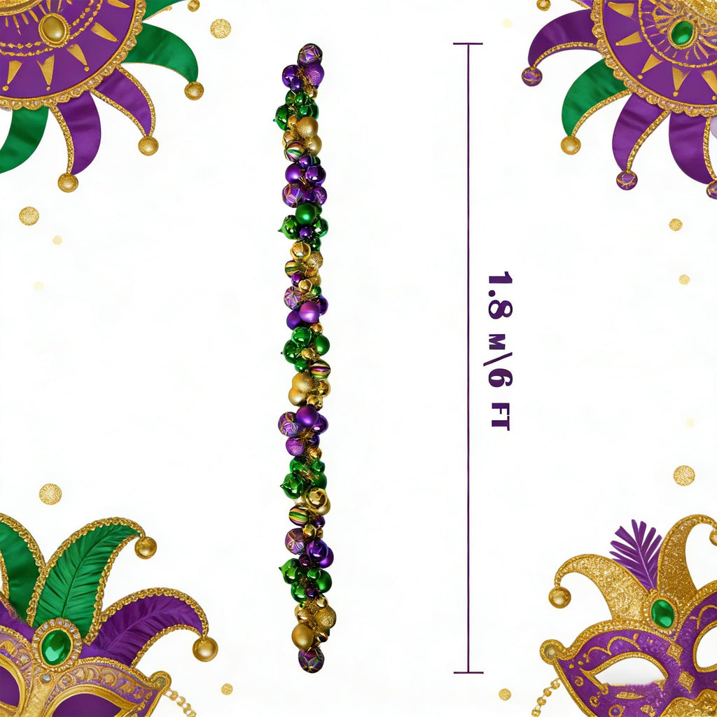 6 Ft Mardi Gras Garland with Purple Green Gold Glitter Balls, Carnival Bead Decor for Front Door, Mantel, Wall and Fireplace, Festive Fat Tuesday Indoor Outdoor Party Supplies