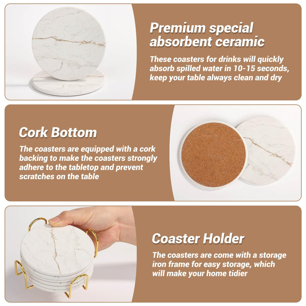 Acejoz Drink Coasters with Holder for Coffee Table, Absorbent Coasters Set of 6, Marble Style Ceramic Coaster for Wooden Table, Suitable for Kinds of Cups, Home Decor, 4 Inches(White)