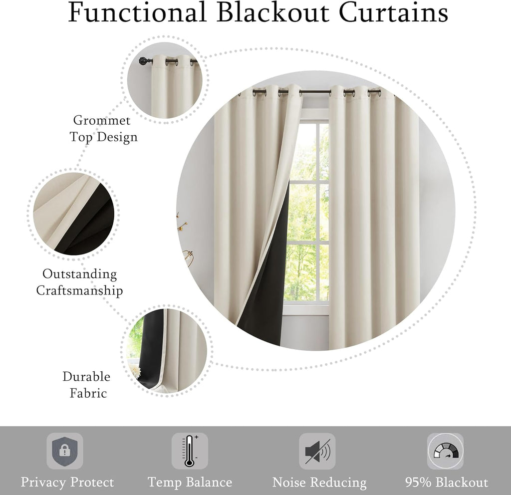 Urban Lotus Ivory Full Blackout Curtains - Thermal Insulated Room Darkening Drapes | 84 Inches, 2 Panels