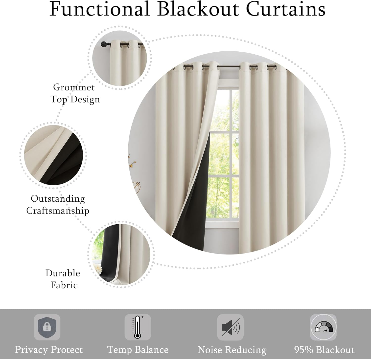 Urban Lotus Ivory Full Blackout Curtains - Thermal Insulated Room Darkening Drapes | 84 Inches, 2 Panels