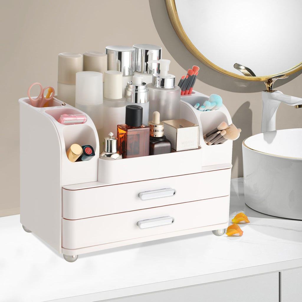 Dozesheep Large Makeup Organizer Countertop with Drawers, Make Up Organizer for Vanity, Makeup Storage Organizer Countertop Makeup Organizers for Skincare, All White