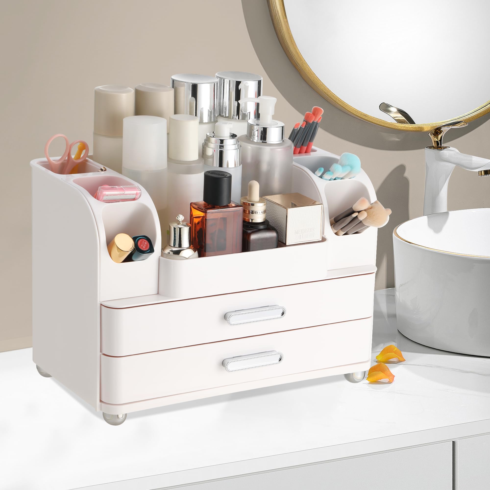 Dozesheep Large Makeup Organizer Countertop with Drawers, Make Up Organizer for Vanity, Makeup Storage Organizer Countertop Makeup Organizers for Skincare, All White