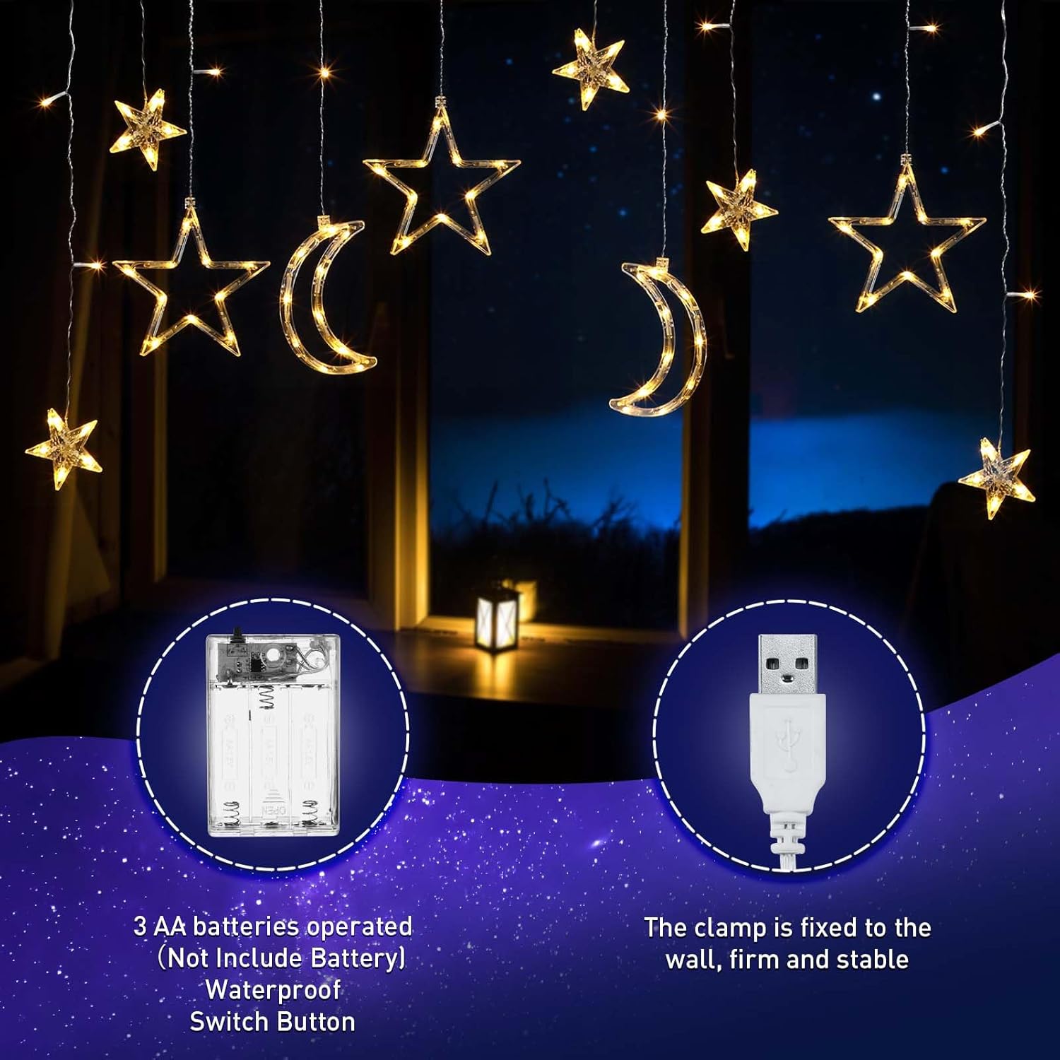 Riakrum LED Star and Moon String Lights - 11.48 ft Warm White Fairy Lights for Bedroom | Waterproof Decor