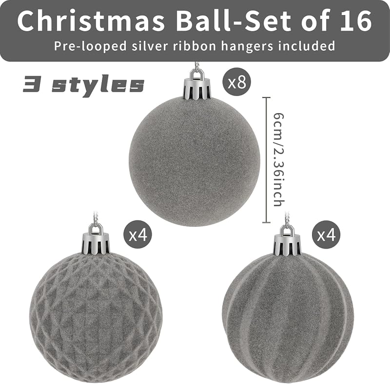 Artmag Grey 2.36 Inch 16 Pcs Velvet Flocked Christmas Balls Ornaments Set