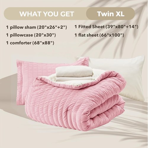 HYMOKEGE Twin XL Comforter Set - 5-Piece Seersucker Bedding in Pink/Ivory | All-Season Luxury Bed in a Bag