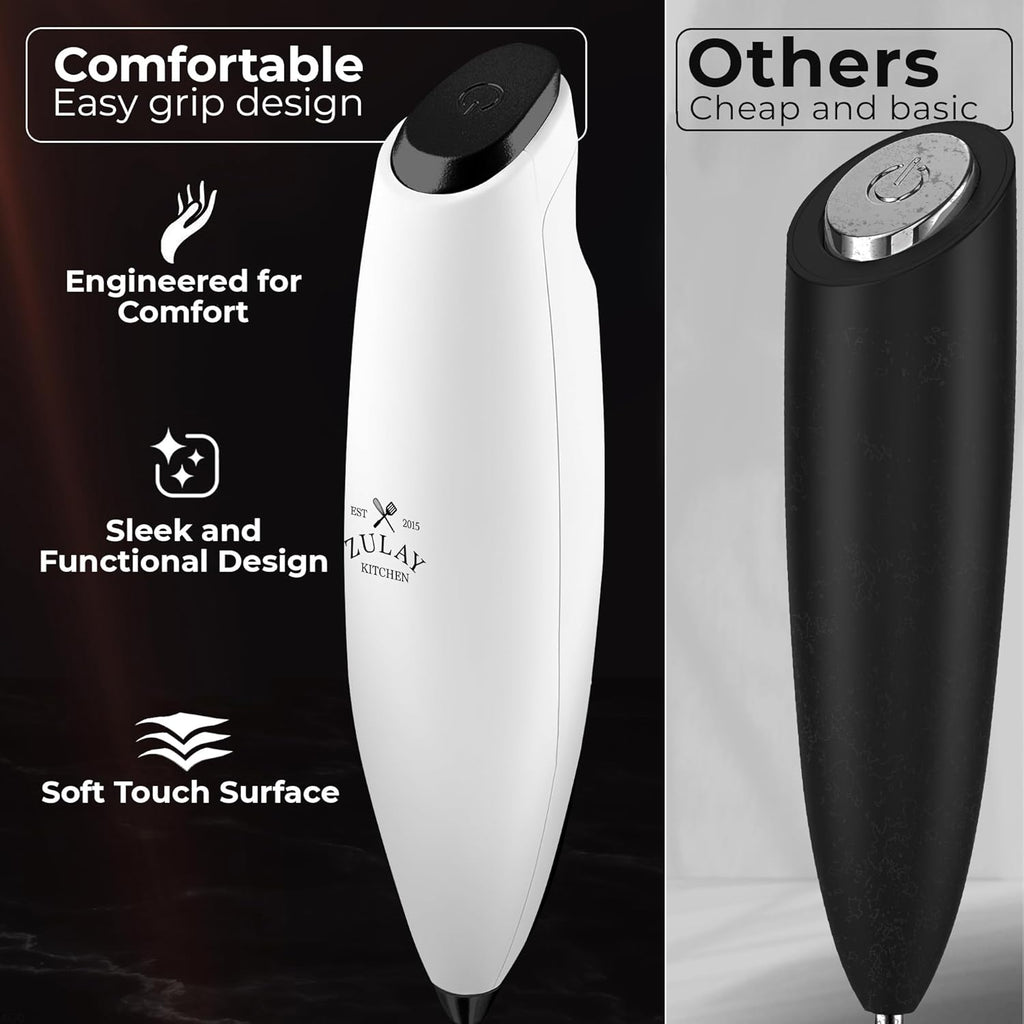 Zulay Kitchen Tornado Triple Whisk Milk Frother - Handheld Foam Maker for Coffee & Lattes | Includes 4 Duracell Batteries - White & Black