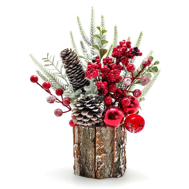 Small Christmas Tree - Artificial Mini Tabletop with Red Berries & Pine Cones (Variation: Red)