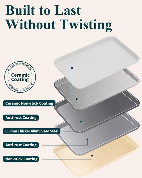 7PCS Ceramic-Coated Baking Sheet Set - Non-Stick Jelly Roll Pan & Cookie Sheet with Rack, Spatula & Cutters | PFAS Free, Oven Safe to 550°F, Sunshine Cream