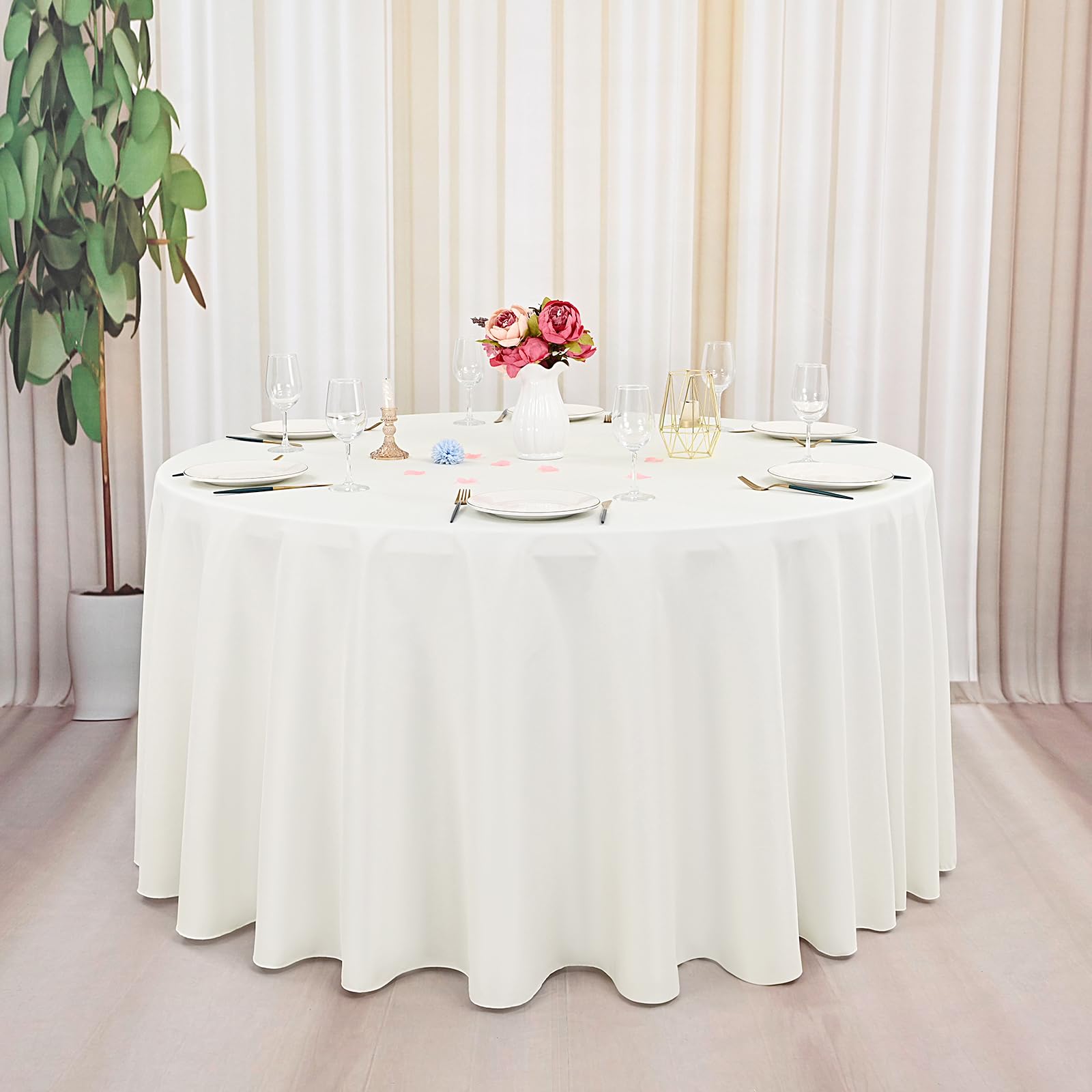 8 Pack Ivory Round Tablecloth 120 Inch Circle Polyester Table Cloth, Washable Fabric Stain and Wrinkle Resistant Table Cover Round Tableclothes for Wedding Parties Banquet Reception Dining