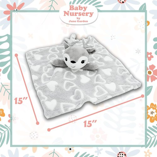 June Garden Cozy Dream Fleece Baby Security Blanket - Soft Plush Stuffed Deer Lovey | 15 x 15 Inches - Grey