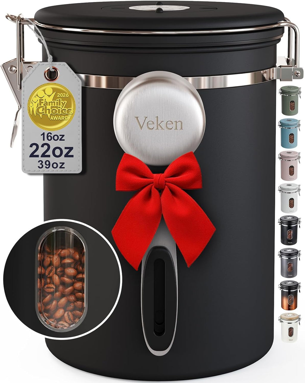 Veken Coffee Canister - Airtight Stainless Steel Storage Container with Window | 22oz Black