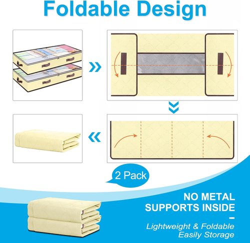 Budding Joy 90L Underbed Storage Containers - Large Capacity Foldable Bins with Clear Window | Beige 6-Pack