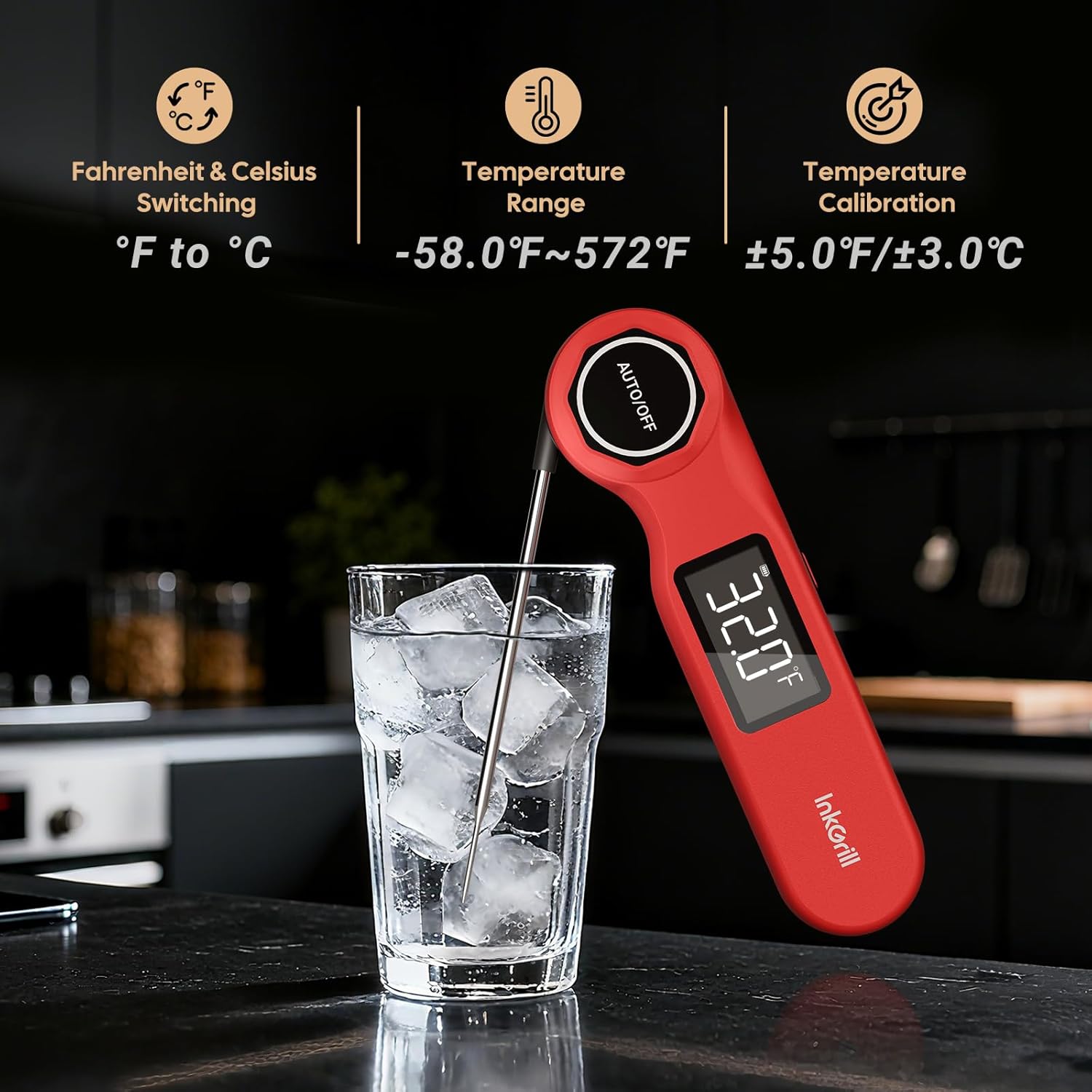 Skiennix Instant Read Meat Thermometer - Rechargeable Digital Food Thermometer with High Precision Sensor | Waterproof, 1.42" Screen
