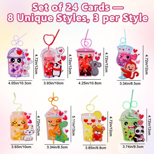 48 Pcs Valentines Day Straws with Valentines Day Cards Colorful Crazy Reusable Straws for Exchange Gifts Prizes Valentine Party Favors Decorations Fun Stocking Stuffers(8 Styles)