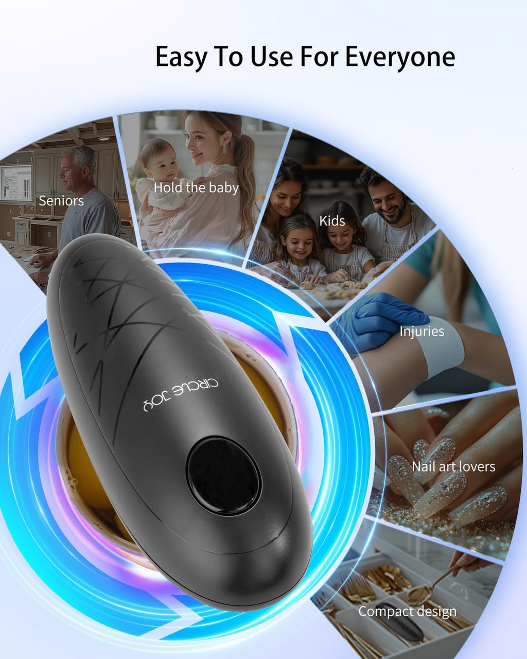 CIRCLE JOY Electric Can Opener, One-Touch Automatic Can Opening with Smooth Edges, Food Safety Handheld Battery-Operated Can Opener for Kitchen and Seniors, Black