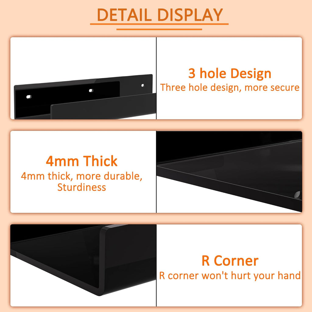 Skiennix 12-Inch Black Acrylic Wall Shelf - Stylish Wall-Mounted Storage Organizer | 2 Pack