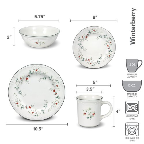 Pfaltzgraff 5072007 Winterberry Holiday 16 Piece Dinnerware Set, Service for 4, White