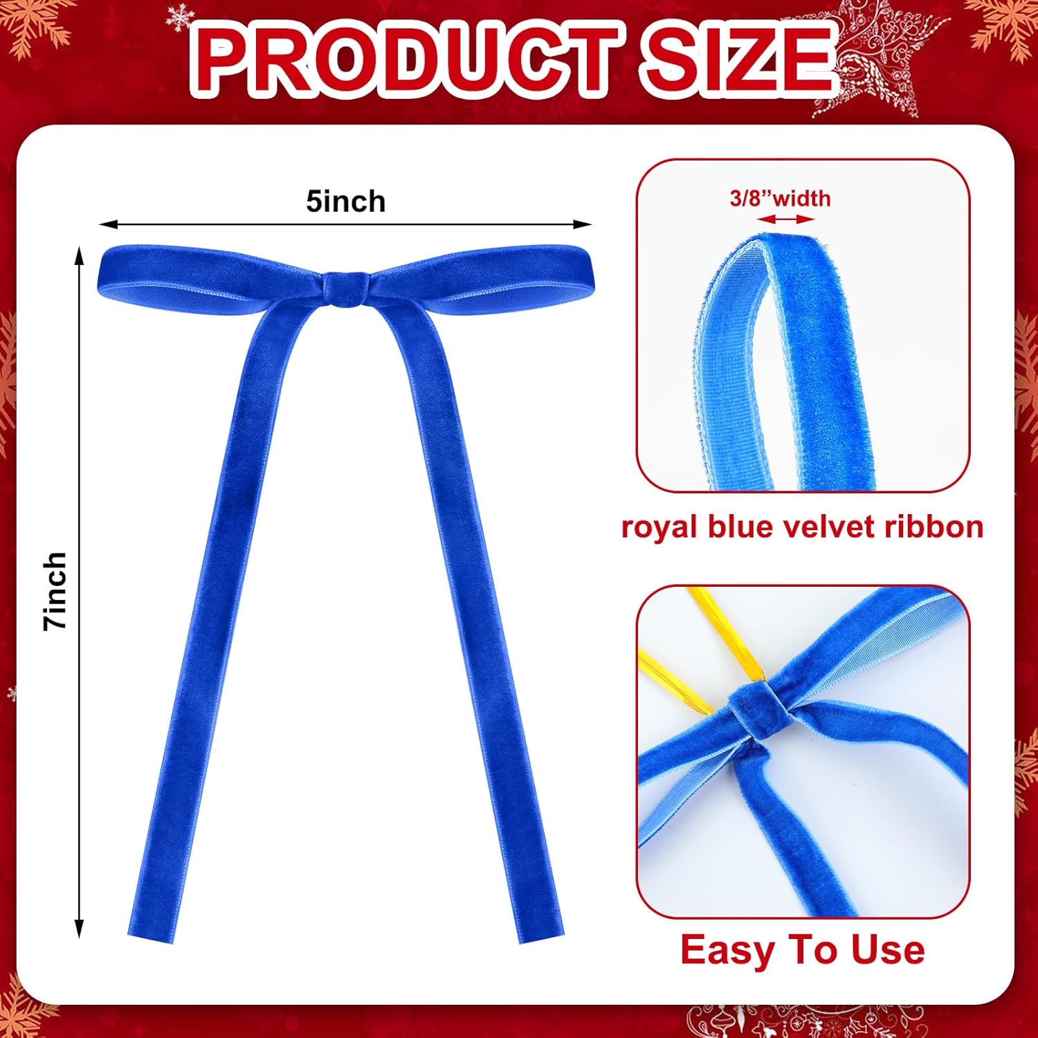 Royal Blue Velvet Bows - 24 Pcs Christmas Tree Ornaments | Valentine's Day Garland Decor (5 x 7 Inch)