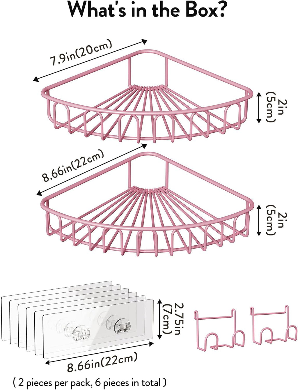 Orimade Corner Shower Caddy - Wall Mounted Metal Bathroom Shelf Organizer | No Drilling, 2 Hooks, Pink, 90-Degree Corner