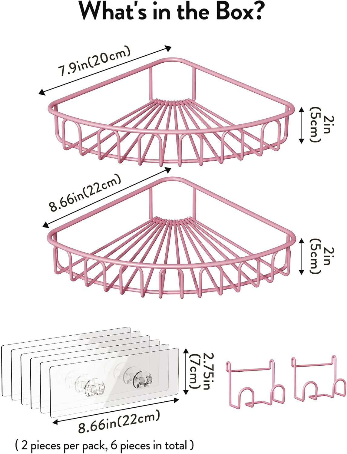 Orimade Corner Shower Caddy - Wall Mounted Metal Bathroom Shelf Organizer | No Drilling, 2 Hooks, Pink, 90-Degree Corner