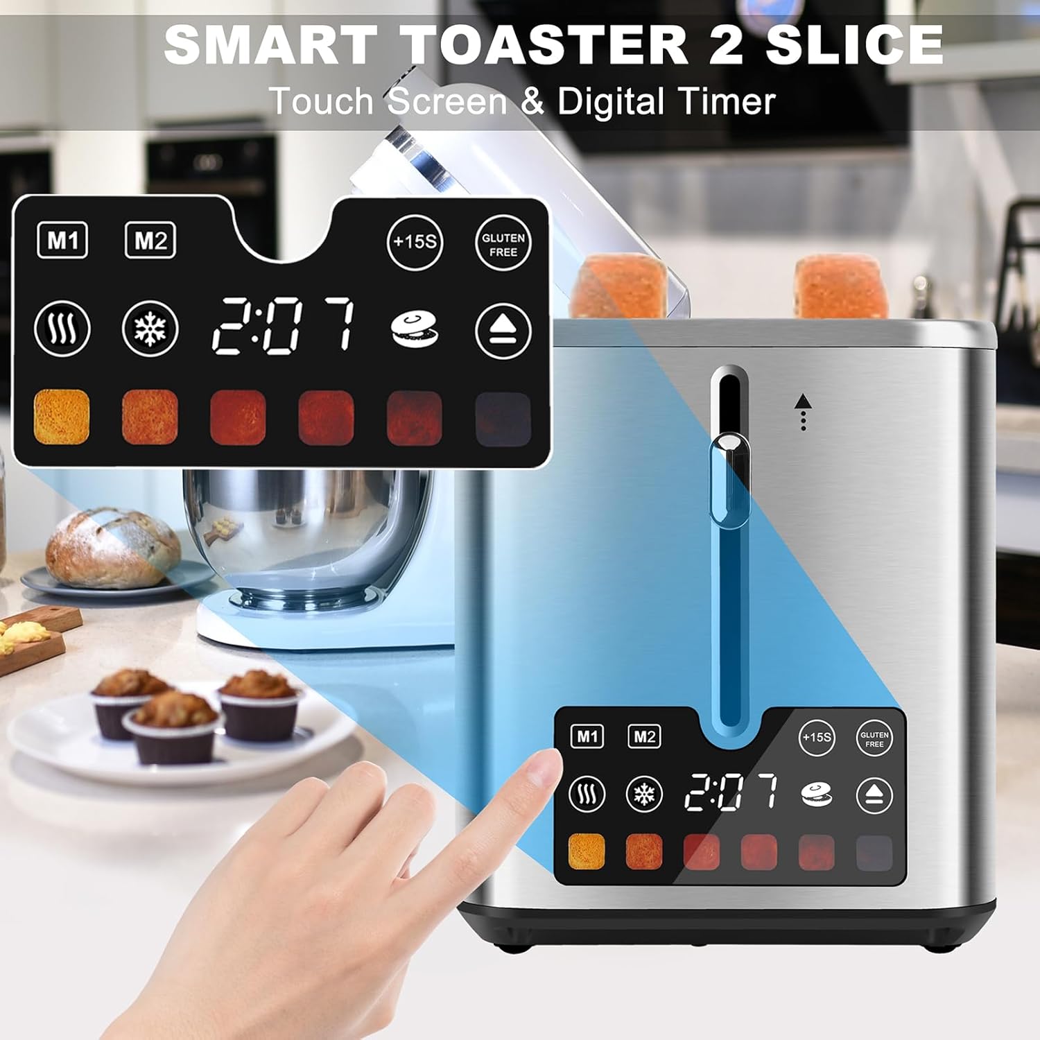 Skiennix Touch Screen Toaster - 2 Slice Stainless Steel with LCD Display & 6 Shade Settings | 900W