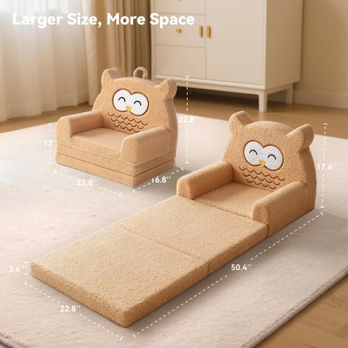 Tivellary Toddler Couch, 3-Fold Convertible Kids Couch with Cute Owl Design, Fold Out Toddler Chair for 1-3 Years Old, Soft Baby Sofa Bed for Playroom, Washable Cover