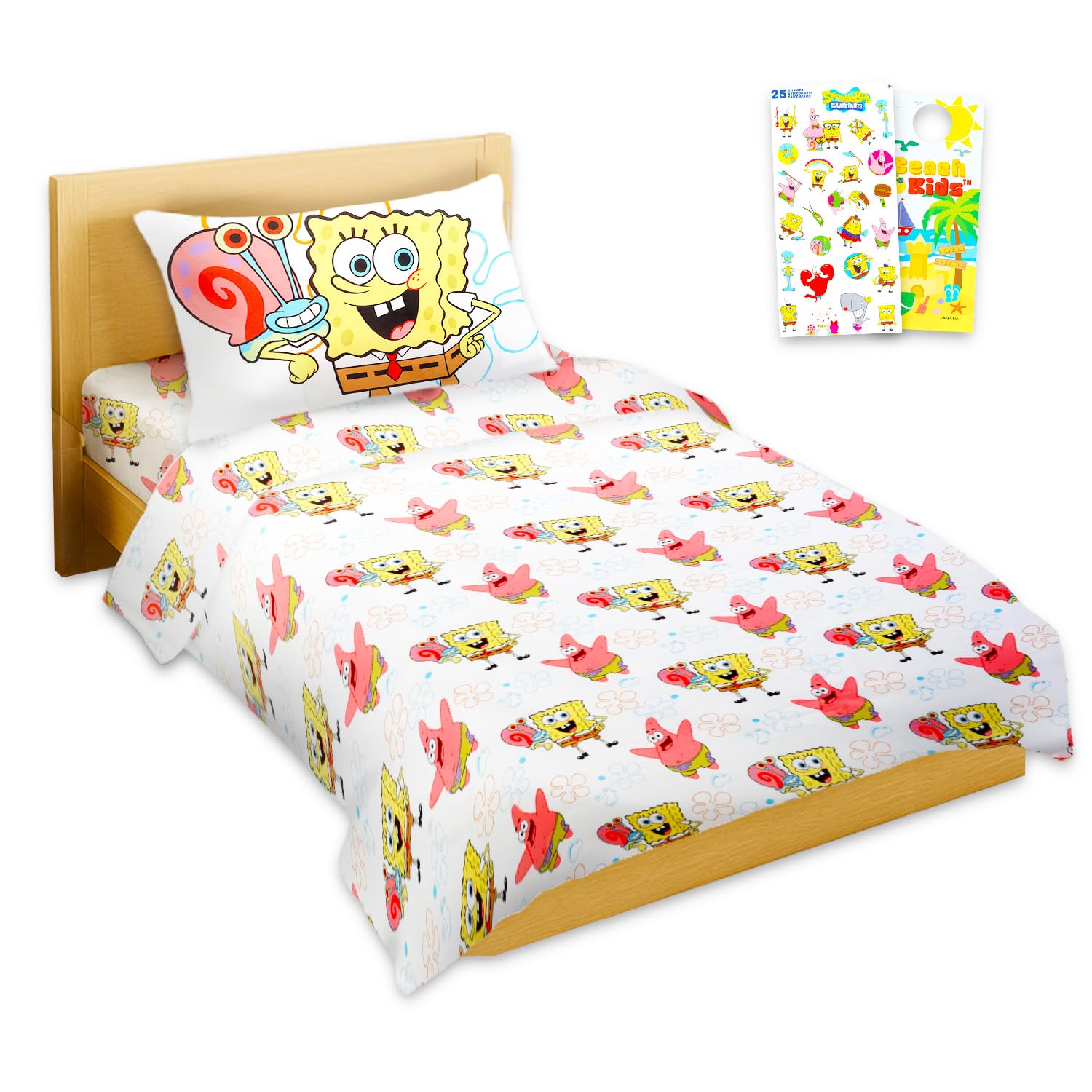 Spongebob Sheet Set Underwater Vibes - Bundle of Spongebob Bedding Including: Flat Sheet, Fitted Sheet, and Pillowcase for Twin Bed Plus Stickers, More for Kids