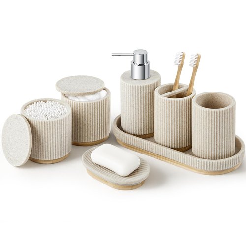 Z ZONAMA 7PCS Bathroom Accessories Set, with Soap Dispenser, Q-tip Holder, Toothbrush Holder, Tumbler, Soap Dish, Vanity Tray, Bathroom Set Complete Organizer Countertop for Modern Decor, Beige