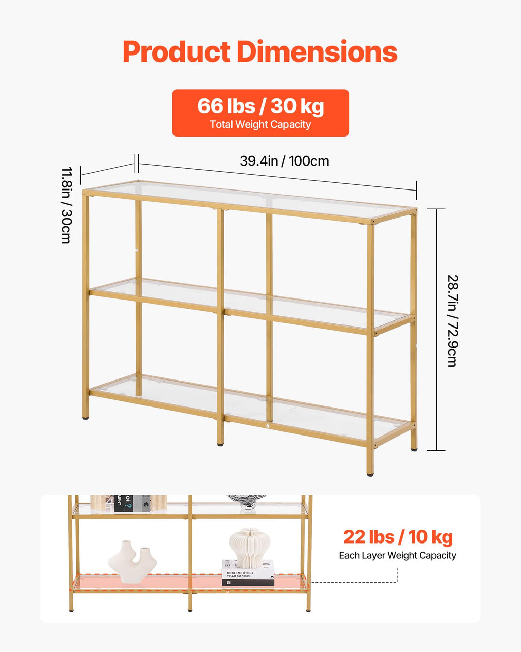 VEVOR Glass Console Table, 39.4 Inch Entryway Table, Modern Rectangle Sofa Table with Tempered Glass Top and Iron Legs, Golden Consloe Desk for Living Room, Hallway, Entryway