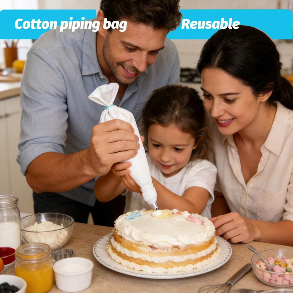 Reusable Cotton Piping Bags Set by [Brand Name] - 16" Large Pastry Bag with 10 Icing Tips & 2 Couplers for Cake Decorating