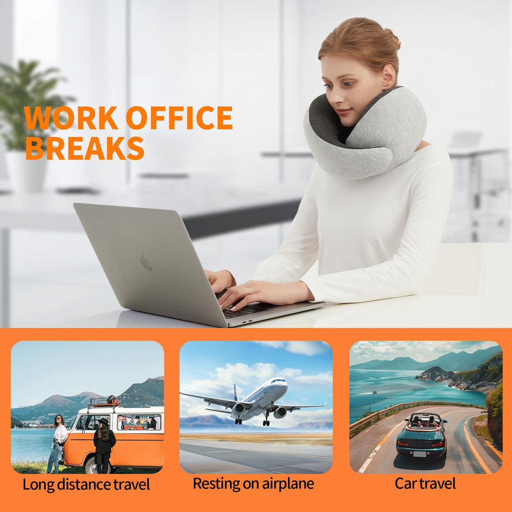 Ziixmile Travel Neck Pillow for Airplane – Memory Foam 360° Support Compact Design Ergonomic Flight Pillow for Sleeping & Neck Support Portable Travel Pillows for Adults, Car, Office Home (Grey)