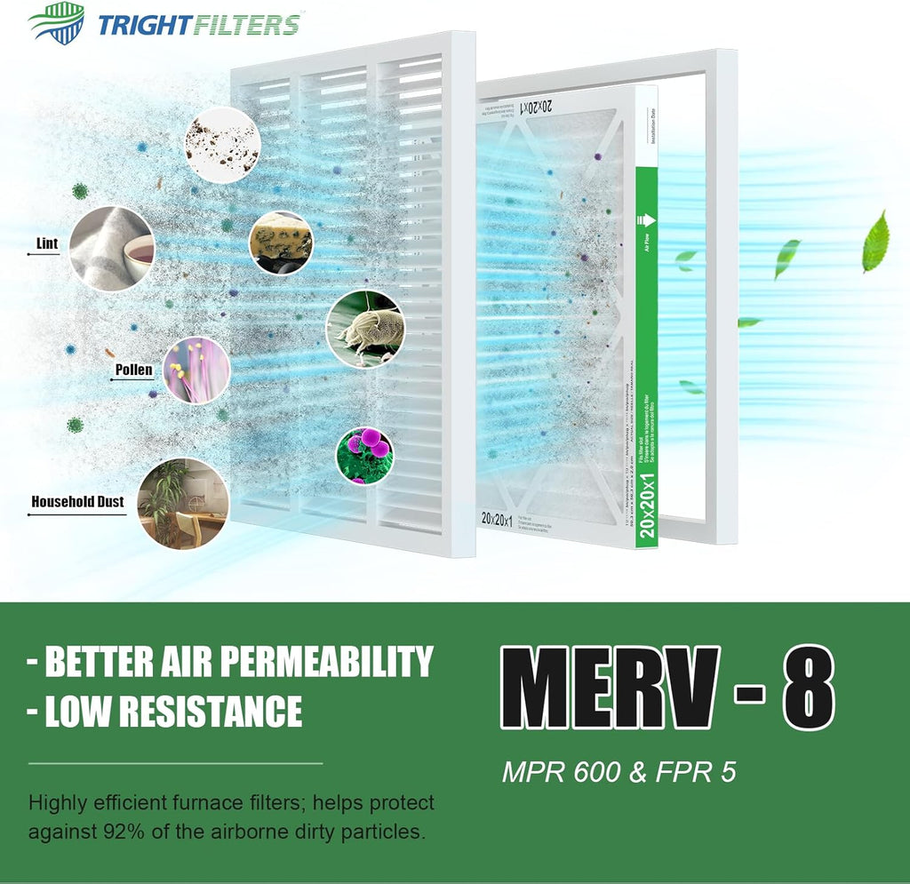 TRIGHTFILTERS 20x20x1 Air Filter - Durable MERV 8 Pleated HVAC Replacement | 2 Pack, Lightweight Design