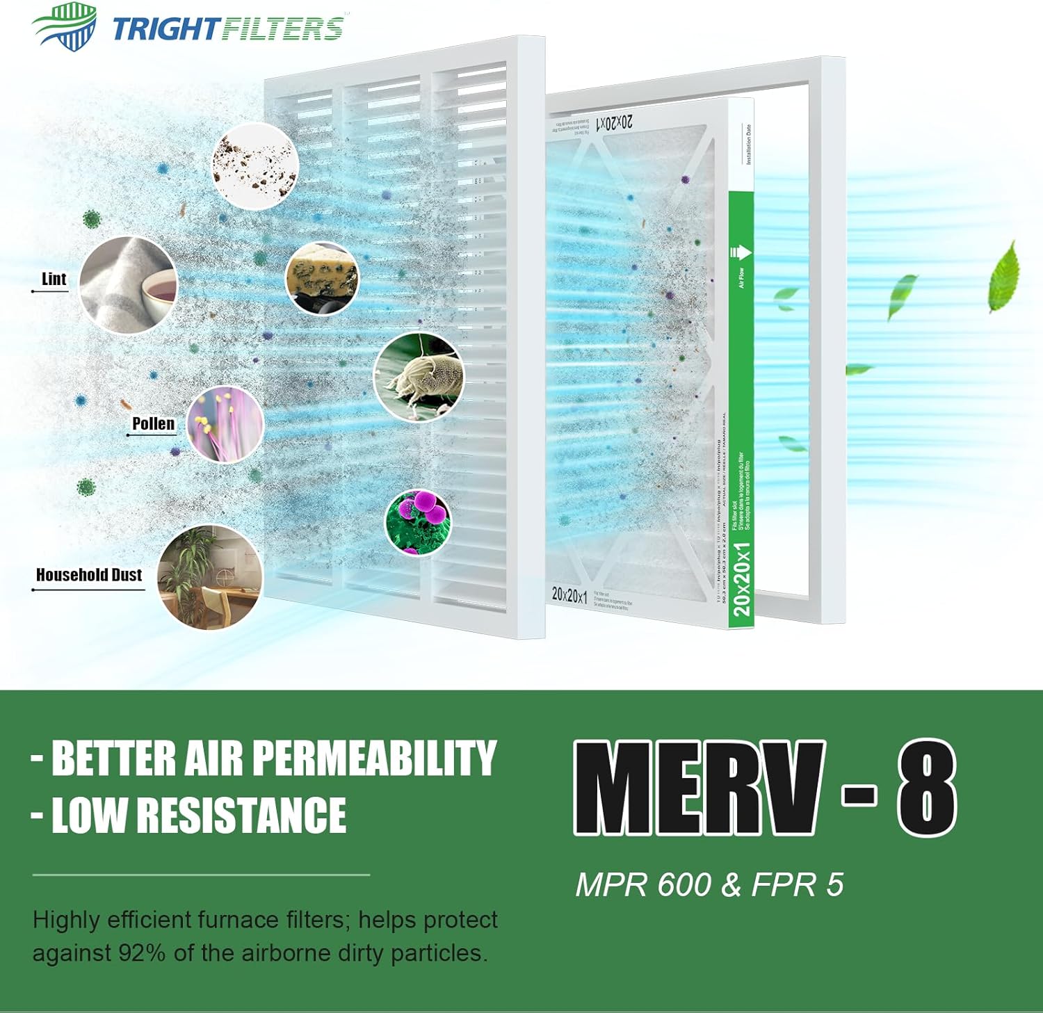 TRIGHTFILTERS 20x20x1 Air Filter - Durable MERV 8 Pleated HVAC Replacement | 2 Pack, Lightweight Design