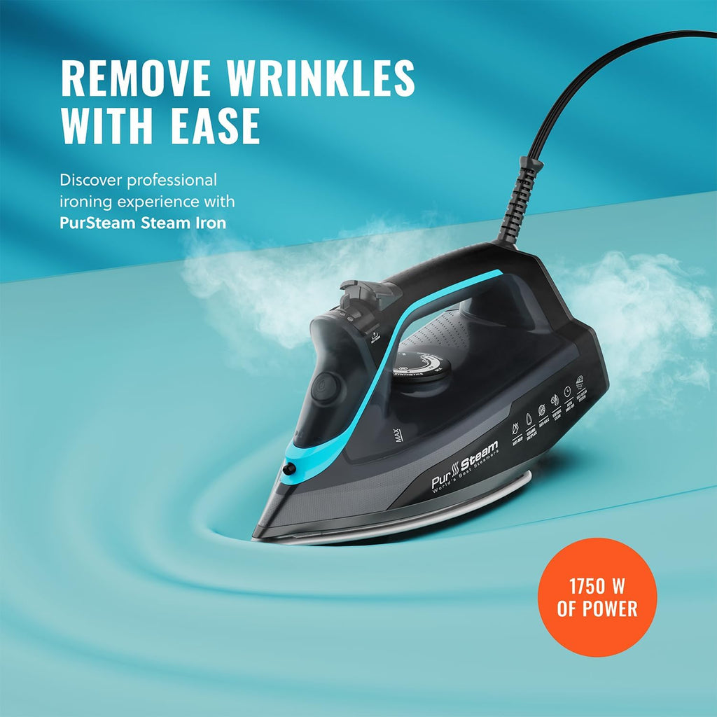 Pursteam SteamBurst+ 1750W Steam Iron - Ceramic Soleplate, Adjustable Steam & Self-Cleaning Feature