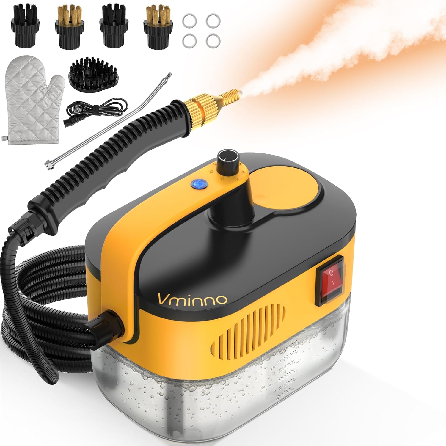 Skiennix Heavy Duty Steam Cleaner - Fast Heating 1.2L Tank | 6-Level Adjustable Portable Steamer with 11 Accessories for Home, Car, Tile, and Grout Cleaning (Yellow)