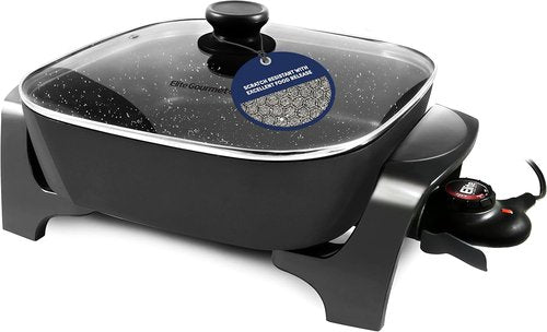 Elite Gourmet Extra Deep Non-Stick Electric Skillet - 12"x12"x3.2" (7.5Qt) with Glass Lid, Adjustable Temp, Black