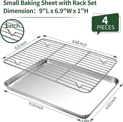 CEKEE Stainless Steel Baking Sheet Set - Heavy Duty Cookie Pans with Cooling Racks | 9 x 7 Inch