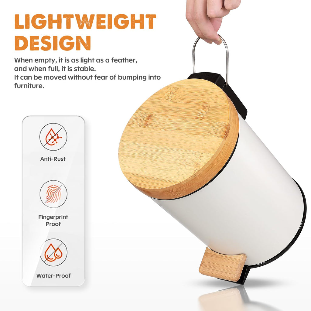 ODJSY Small Bathroom Trash Can with Natural Bamboo Lid Soft Close，3 Liter / 0.8 GallonStainless Steel Garbage Can with Removable Inner Bucket andStep Pedal（White）