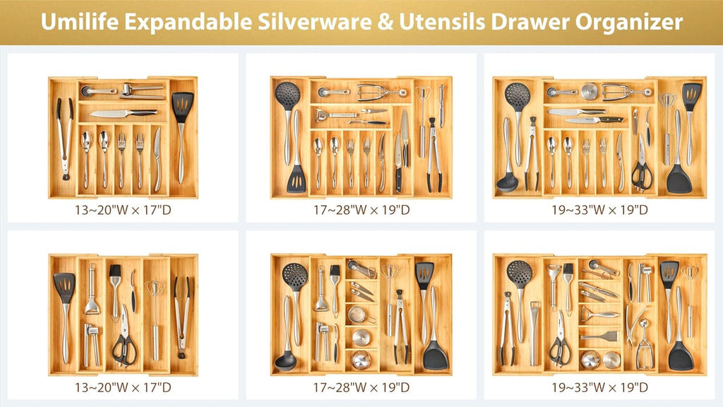 Umilife Kitchen Silverware Organizer - Large Expandable Bamboo Utensil Tray with Adjustable Divider