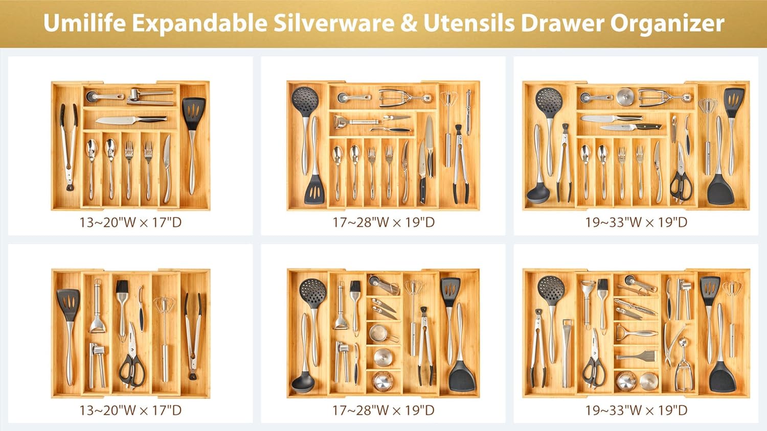 Umilife Kitchen Silverware Organizer - Large Expandable Bamboo Utensil Tray with Adjustable Divider